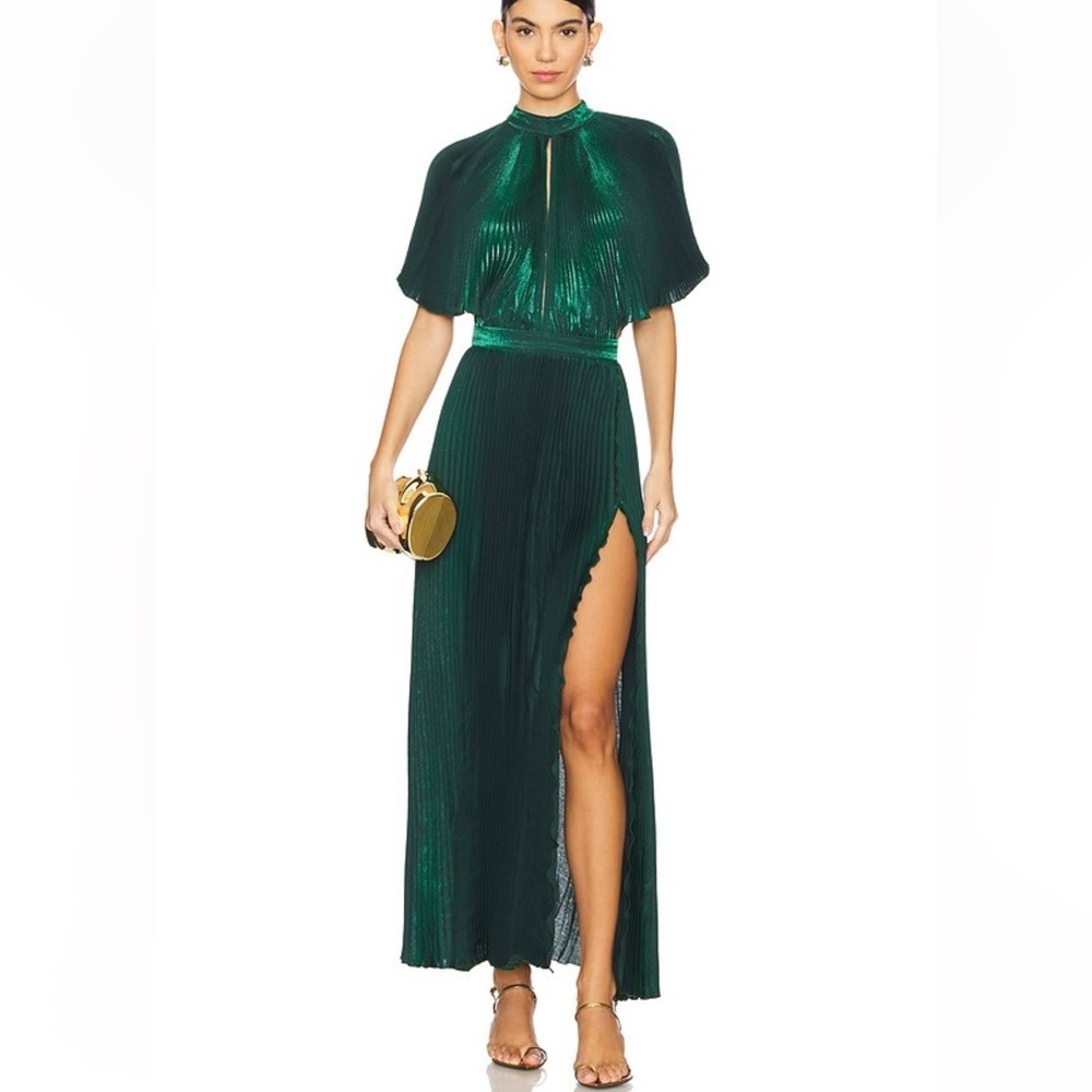 L'ide Elite Split Gown Pine Shimmer Green Pleated Dress Gown Revolve Nwt 6